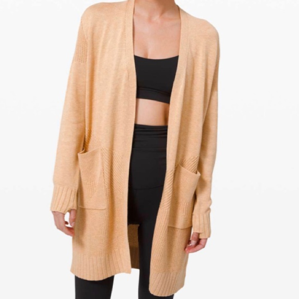 lululemon sincerely yours wrap sweater | beige tan open-front long cardigan